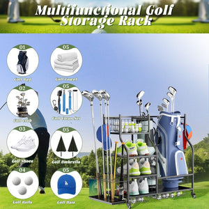 English Elm Golf Bag Organizer Rack with Club Stand Three Shelves and Four Hooks for Garage T3210P392616