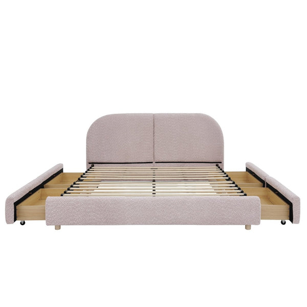 English Elm Queen Platform Bed Curved Headboard Circle Yarn Fabric with Four Wheeled Storage Drawers Pink W487S00480