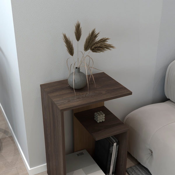 English Elm Side Table Sallis - Compact Macadamia Engineered Wood End Table with Open Shelf, Portable Design Brown B092P309189