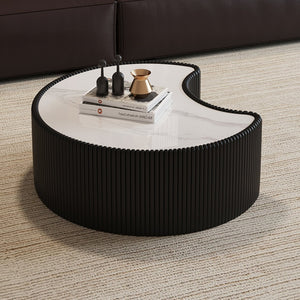 English Elm Light Sintered Stone Organic Sculptural Coffee Table with Leather Base for Living Room Black W3081P411157