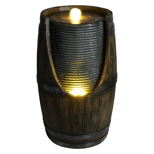 English Elm Outdoor Rustic Barrel Resin Fountain with Led Lights Farmhouse Waterfall Patio Decor Grayish Green W5397P453959