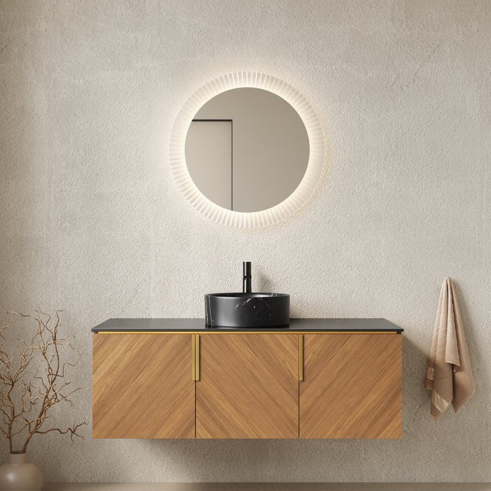 English Elm Arai 48 Inch Wall Mounted Bathroom Vanity Oak Plywood Cabinet Sintered Stone Top W2615S00551