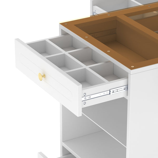 English Elm Closet Elegant walk-in island with glass display top, 6 drawers and open shelves for organized storage White 39.76 L x 17.32 W x 12.2 H N733S304513K