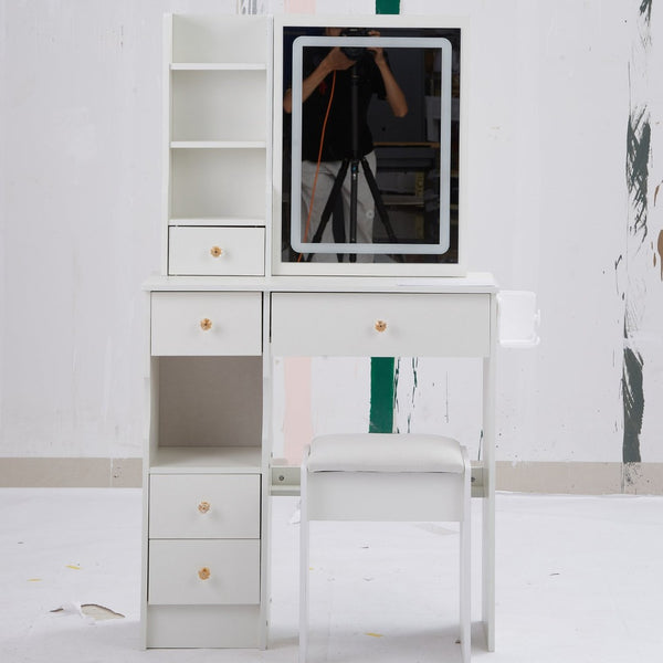 English Elm 29.2" Compact Left Drawer Vanity Set With Led Mirror, Power Station, Stool & Hair Dryer Holder P2 W936P226043-GIGA