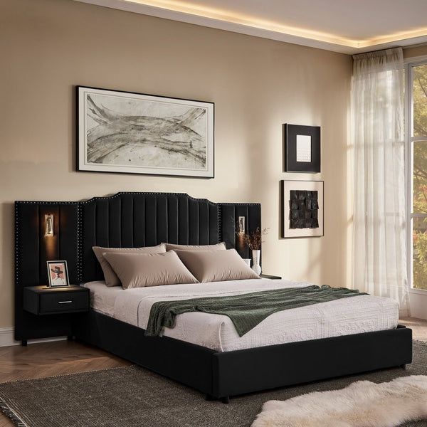 English Elm Queen Velvet Platform Bed with Tufted Headboard Integrated Nightstands and Striped Design Black W487S00441