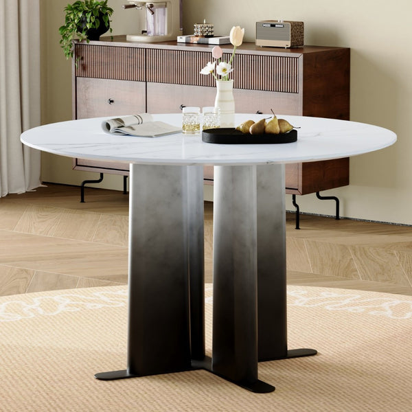 English Elm Round Mdf Dining Table with Gradient Cross Base Compact Modern Seating for Small Spaces White W3875S00028