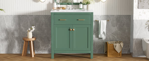 English Elm 30-inch Modern Bathroom Vanity with Ceramic Sink, Gold Accents, Solid Wood Frame, Soft-Close Doors and Ample Storage Green WF324045AAF
