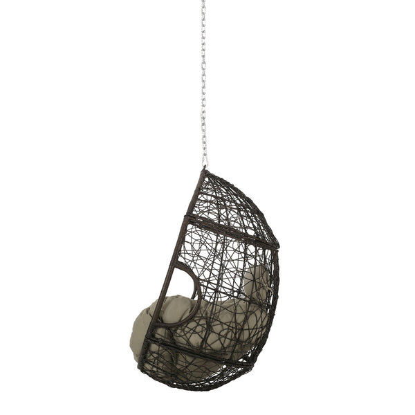 English Elm Christopher Knight Home® - CASTAIC Teardrop Hanging Chair with 8ft Chain — Durable PE Rattan, Water-Resistant Cushions, Cozy Lounging Khaki+Brown 70772.00KHAKMULBRN