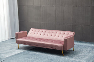 English Elm Sofa Bed Velvet Upholstered Convertible with Gold Metal Legs for Studio Spaces Rose B205P246428