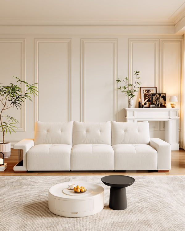 English Elm 3 Seater Sofa Modern 89" Beige Velvet Couch for Small Spaces Cat-Friendly Waterproof Scratch-Resistant W2656S00001