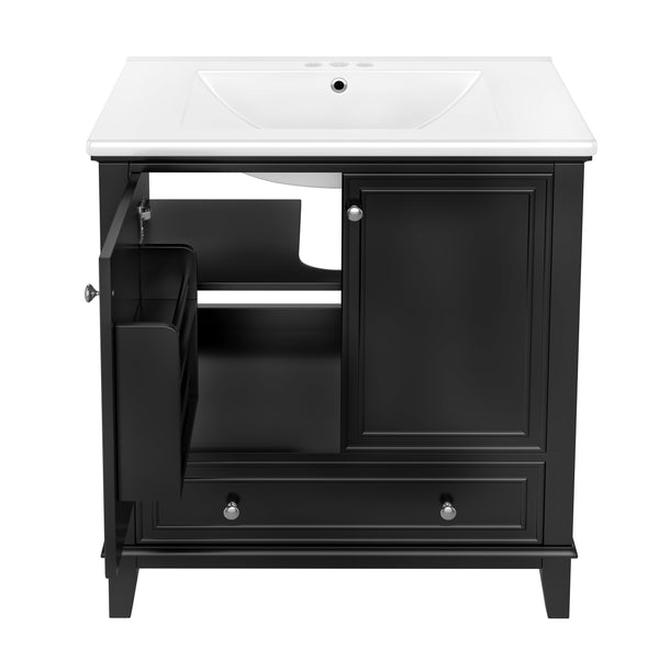 English Elm 30" Bathroom Vanity with Sink — Modern Freestanding 30" Cabinet with Ceramic Top, Drawer, Doors, Shelf Black N725P221263B