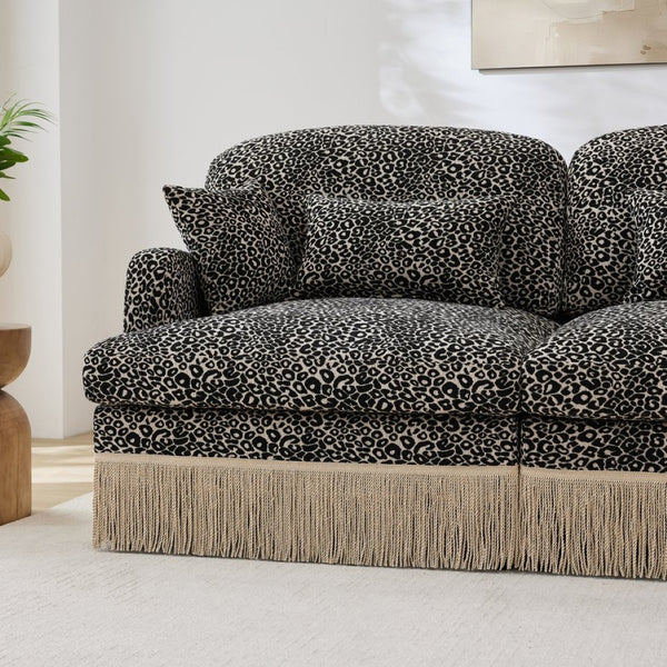 English Elm 131"comfy Chenille Leopard Print U-shaped Sectional with Tassel Trim and Modular Ottomans Khaki W5656S00027