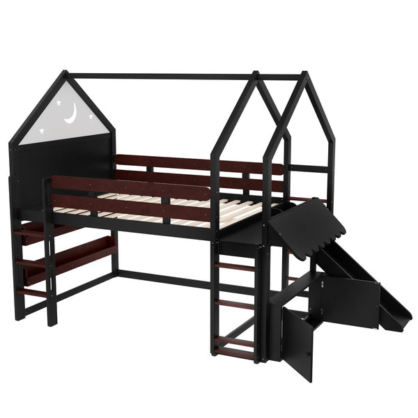 English Elm Full Size Pine Loft Bed House Frame with Slide Bookshelves and Moon Star Rails W1580S00314