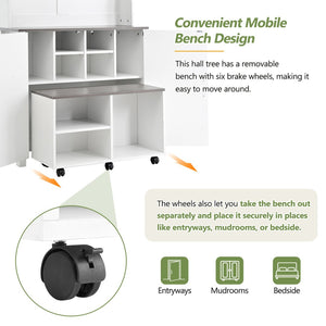 English Elm On-Trend Farmhouse 4-In-1 Hall Tree With Movable Bench, 7 Hooks, Shoe Storage & Barn Doors, White N721P205788K-GIGA