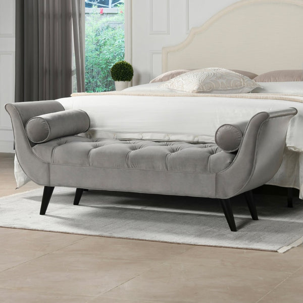 English Elm Alma Velvet Tufted Entryway Bench with Flared Arms and Bolster Pillows Included Gray B2719P238451