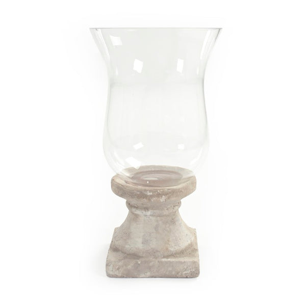 Zentique Distressed Terracotta Candle Holder with Glass Insert — Rustic Grey Finish, Pillar-Safe Accent for Home Decor W8.5 x H16.5 x D8.5 4614M A292