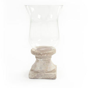 Zentique Distressed Terracotta Candle Holder with Glass Insert — Rustic Grey Finish, Pillar-Safe Accent for Home Decor W7 x H13.5 x D7 4614S A292