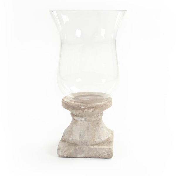 Zentique Distressed Terracotta Candle Holder with Glass Insert — Rustic Grey Finish, Pillar-Safe Accent for Home Decor W7 x H13.5 x D7 4614S A292