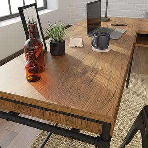 English Elm L-Shaped Desk With Elegant Brown Finish – Versatile Workspace Solution With Ample Storage & Cable Management B356P367765