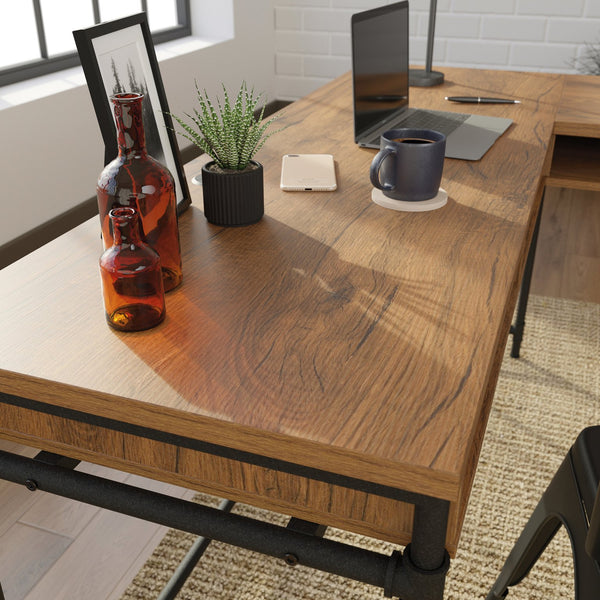 English Elm L-Shaped Desk With Elegant Brown Finish – Versatile Workspace Solution With Ample Storage & Cable Management B356P367765