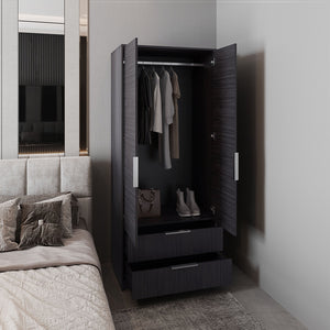 English Elm Armoire with Built-In Mirror and Ample Storage — 4 Doors, 2 Drawers, 4 Shelves, Eco-Friendly Finish Black 78.74 L x 25.59 W x 4.72 H B097S00213