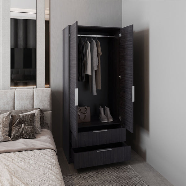 English Elm Armoire with Built-In Mirror and Ample Storage — 4 Doors, 2 Drawers, 4 Shelves, Eco-Friendly Finish Black 78.74 L x 25.59 W x 4.72 H B097S00213