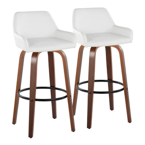 English Elm Daniella 30" Modern Fixed-Height Swivel Barstool Set Of 2 In Walnut Wood & White Faux Leather B202S00557
