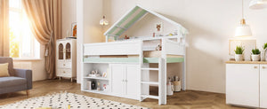 English Elm Full Size Pine Loft Bed with House Canopy Roof Built-in Shelves Kids Bedroom N7090005012F