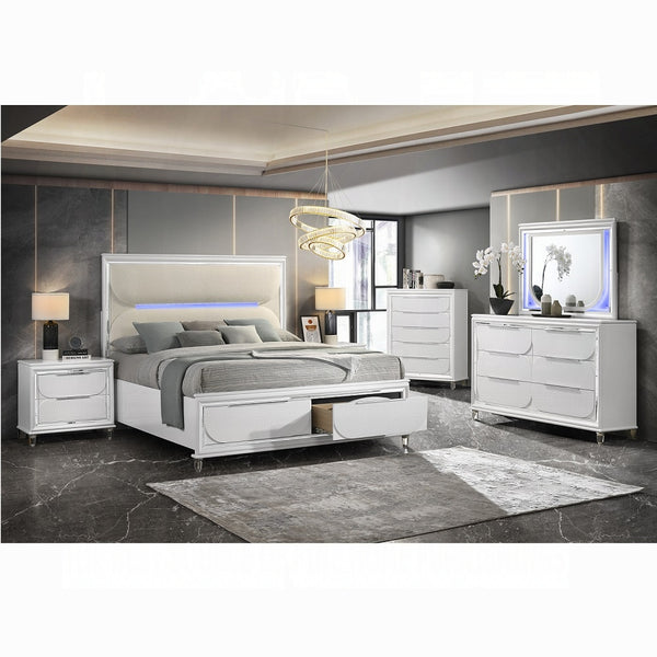 English Elm Glamorous Pearl White Nightstand with Two Deep Drawers, Mirrored Trim & Acrylic Legs, 30.3"W x 28.5"H B2741P324365