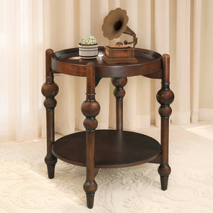 English Elm Classic Solid Wood Round End Table with Turned Legs and Open Storage Shelf Below W3137P446143