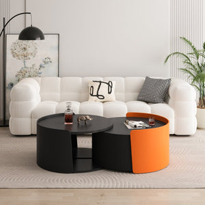 English Elm Nesting Modern Round Coffee Table Set with Sliding Extendable Top, Space-Saving MDF Design, 66lb Capacity Black W757P186977