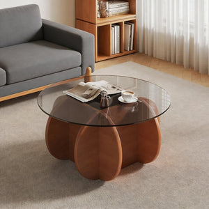 English Elm Modern Round Glass Top Coffee Table with Walnut Wood Base for Living Room Decor W3101P417725