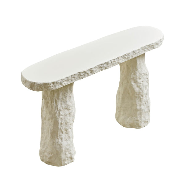 English Elm 53.94 Inch Sculptural Fiberglass Console Table with Stone Look Pillar Legs for Entryway W2582S00199