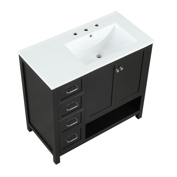 English Elm 36" Freestanding Bathroom Vanity Solid Wood Mdf Cabinet Ceramic Undermount Sink Open Shelf Black N725P364203B