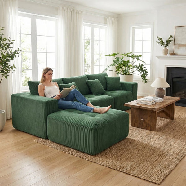 English Elm 101" Modular Cloud Sectional Corduroy Upholstered Sofa Reversible Chaise Living Room Green W1170S00055