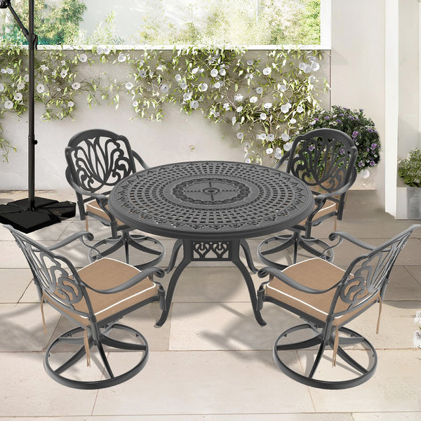 English Elm 5-Piece All-Weather Dining Set With Swivel Chairs, Round Table & Cushions For Outdoor Comfort W1710S00447