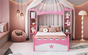 English Elm Castle-Shaped Twin Bed with Crown Footboard and Built-In Shelves, Sturdy MDF/Pine Frame for Kids White+Pink 82 L x 14.25 W x 6.75 H N733S177379K