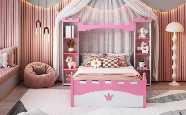 English Elm Castle-Shaped Twin Bed with Crown Footboard and Built-In Shelves, Sturdy MDF/Pine Frame for Kids White+Pink 82 L x 14.25 W x 6.75 H N733S177379K