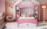 English Elm Castle-Shaped Wooden Bed With Storage Shelf, Dreamy Twin Size Platform Bed For Kids Bedroom, White + Pink(Expected Arrival Time:8.14)