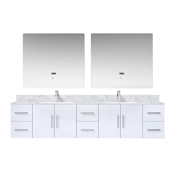 English Elm Glossy White Double Bath Vanity 84" W x 22" D with Carrara Marble Top, Chrome Faucet, LED Mirrors B2731S01053