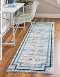 Unique Loom Oasis Fountain Machine Made Border Rug Blue, Ivory/Navy Blue/Gray 2' 0" x 12' 0"