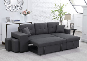English Elm Dino Linen Tufted Sleeper Sectional with Reversible Chaise Storage and Two Ottomans Dark Gray B2749S00201
