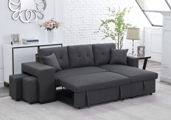 English Elm Dino Linen Tufted Sleeper Sectional with Reversible Chaise Storage and Two Ottomans Dark Gray B2749S00201