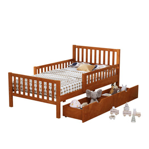 English Elm Twin Pinewood Platform Bed with Headboard, Guardrails & Two Underbed Drawers for Storage Walnut 70.6 L x 17.1 W x 5.9 H N733P172696D
