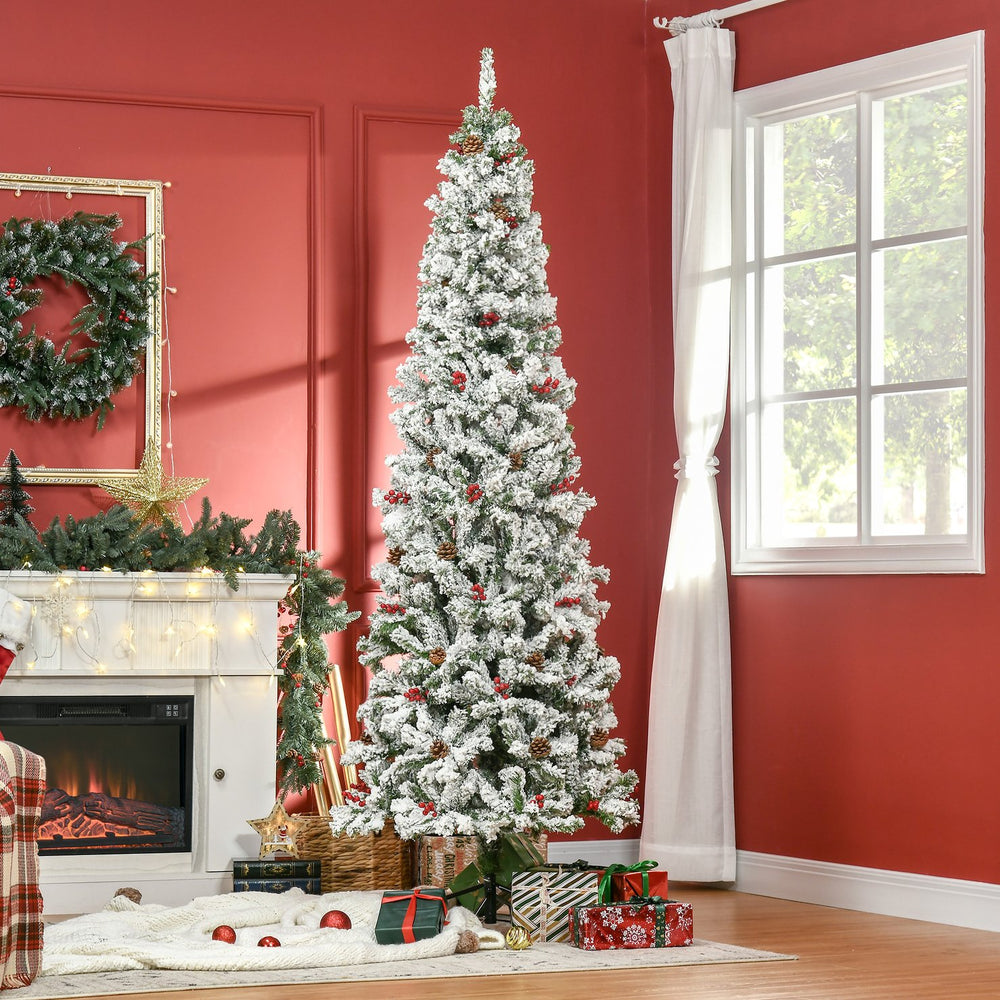 English Elm Homcom 7.5' Snow Flocked Pencil Christmas Tree With 600 Realistic Branches, Pinecones & Berries W2225P229732