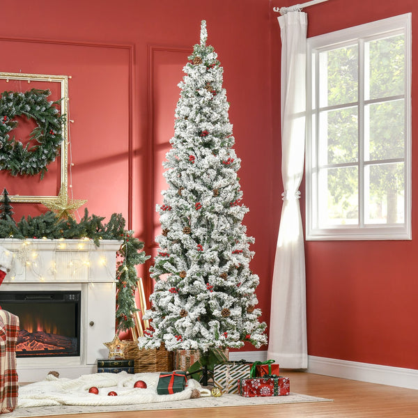 English Elm Homcom 7.5' Snow Flocked Pencil Christmas Tree With 600 Realistic Branches, Pinecones & Berries W2225P229732