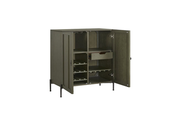 English Elm Bar Cabinet Pistachio Finish Solid Wood & MDF w/ Wine Racks, Stemware Storage, Pull-Out Drawer, Ample Capacity B2699P383330