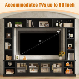 English Elm Entertainment Wall Unit with Glass Doors Open Shelving Mdf Living Room Storage Black N710S688100B