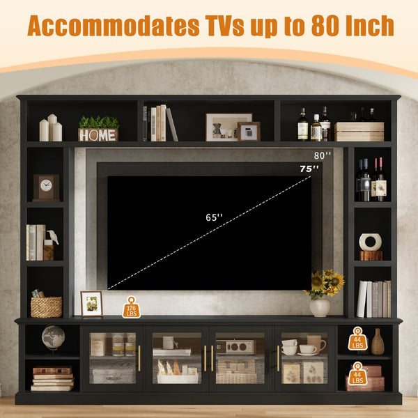 English Elm Entertainment Wall Unit with Glass Doors Open Shelving Mdf Living Room Storage Black N710S688100B