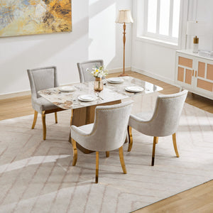 English Elm Chenille Plush Dining Chair with Curved Gold-Plated Legs, Rivet Trim, Textured Upholstery Comfort Beige W1143P332684